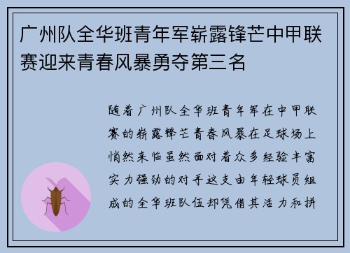 广州队全华班青年军崭露锋芒中甲联赛迎来青春风暴勇夺第三名