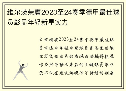 维尔茨荣膺2023至24赛季德甲最佳球员彰显年轻新星实力