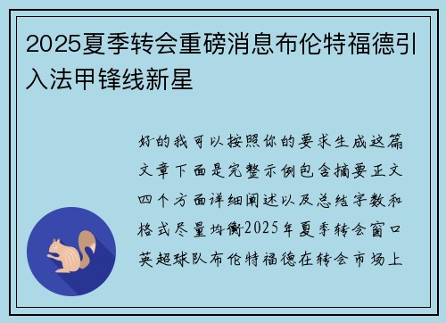 2025夏季转会重磅消息布伦特福德引入法甲锋线新星
